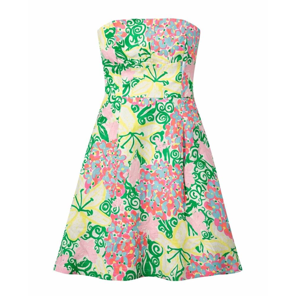 Lilly Pulitzer Strapless Cotton Fit Flare Dress Pink Green Floral - Size 4